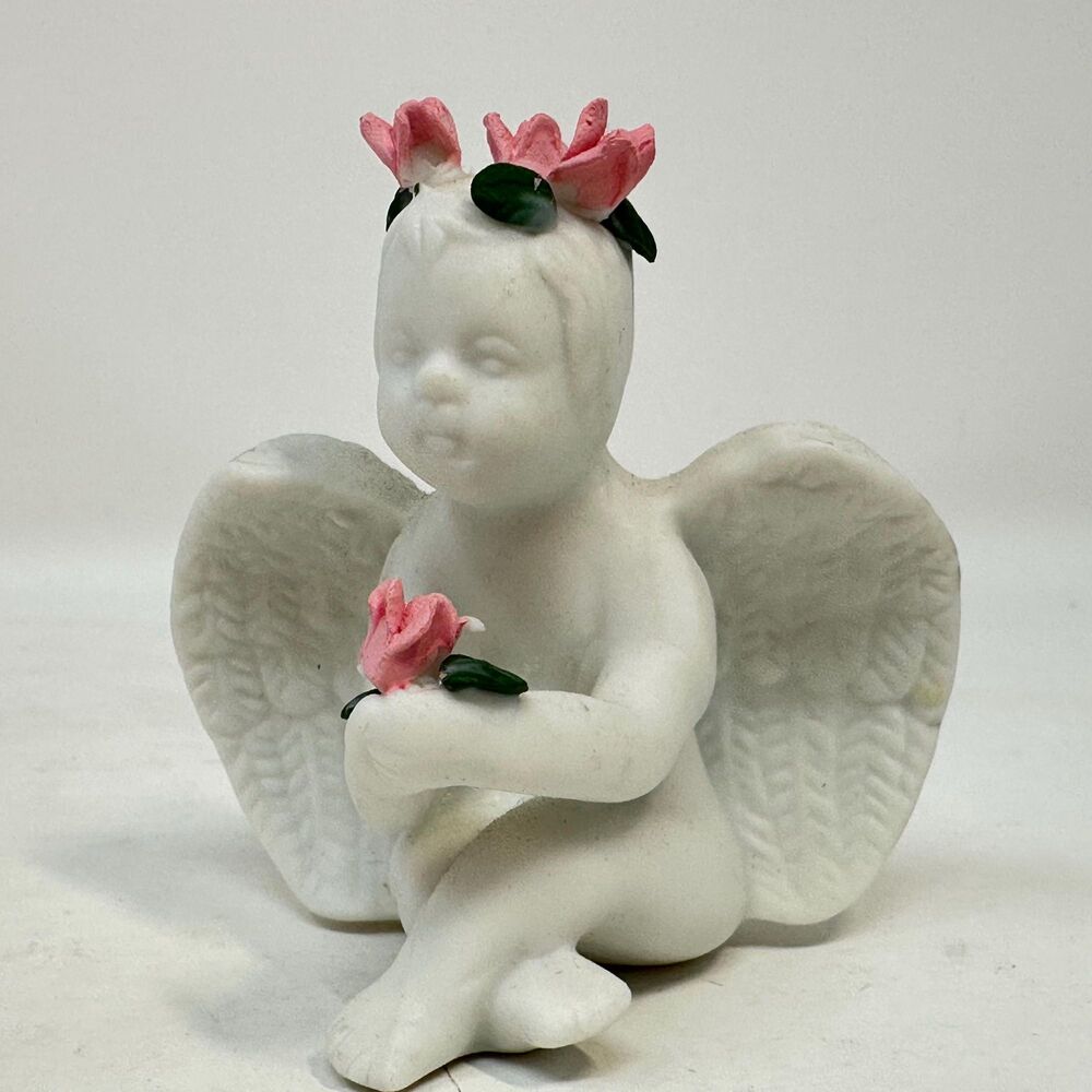 Vintage White Matte Bisque Porcelain Cherub Angel Pink Rose Flower Crown Figure